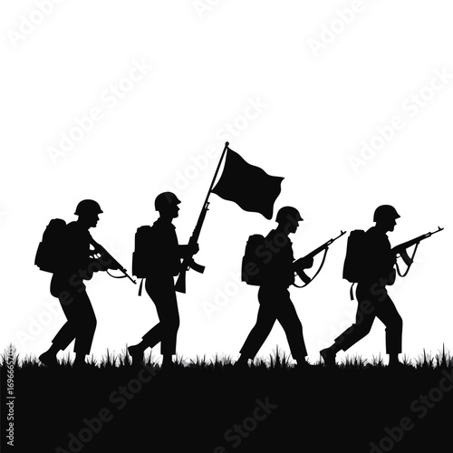 Silhouette of soldiers marching with rifles and a waving flag