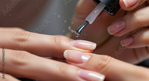 Macro close-up of Asian female nail technician applying glossy clear topcoat in slow motion to freshly manicured nails