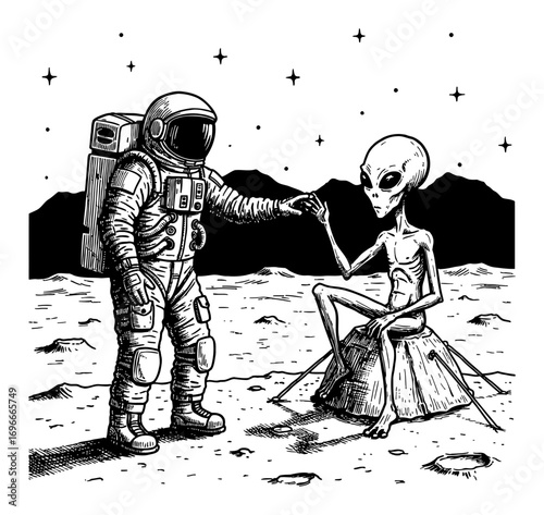 Astronaut and Alien First Interaction on Barren Moon Surface Detailed Black and White Outline Line Art Drawing