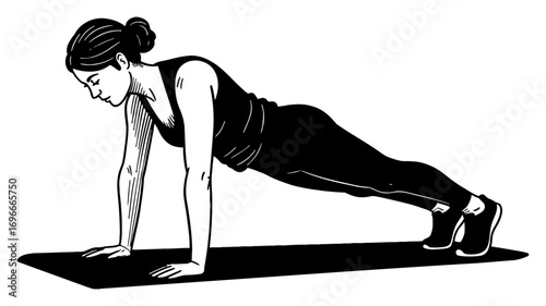 Woman Doing Plank Exercise with Modest Closed Clothes Black and White Outline Line Art Drawing