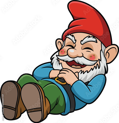 Cartoon gnome laughing on back, whimsical folklore character with red hat and beard, joyful fantasy illustration, expressive pose design, humorous magical creature artwork