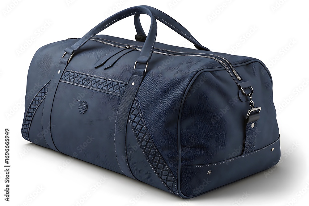 Naklejka premium Stylish dark blue denim duffel bag with decorative embellishments