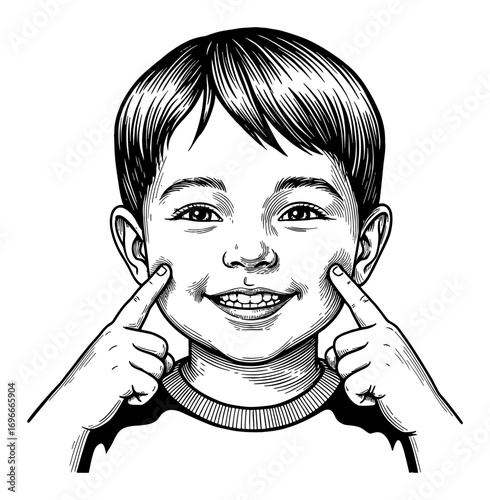 Smiling Little Boy with Fingers on Cheek Happy Expression Cute Cartoon Style Black and White Outline Line Art Drawing