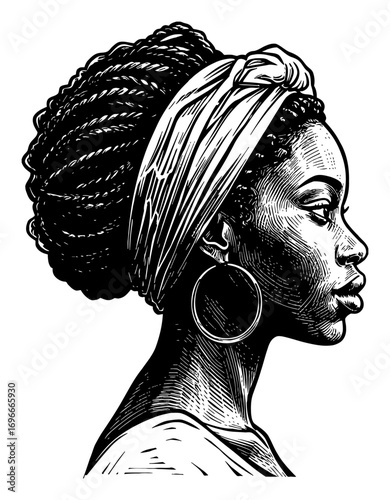 Elegant Black Woman with Braided Hair Head Wrap and Hoop Earring in Profile Black and White Outline Line Art Drawing