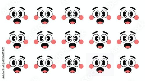Vector art of seamless pattern of surprised cartoon faces cute emoji with big eyes, open mouth, and rosy cheeks funny character design for textile, wallpaper, and wrapping paper