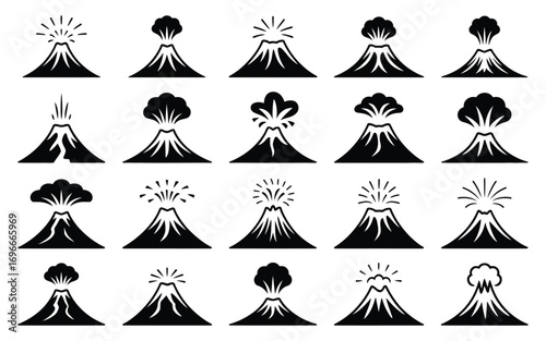 Vector art of collection of volcano eruption icons set of different volcanic activity symbols vector illustration of geological phenomenon and natural disaster in simple style