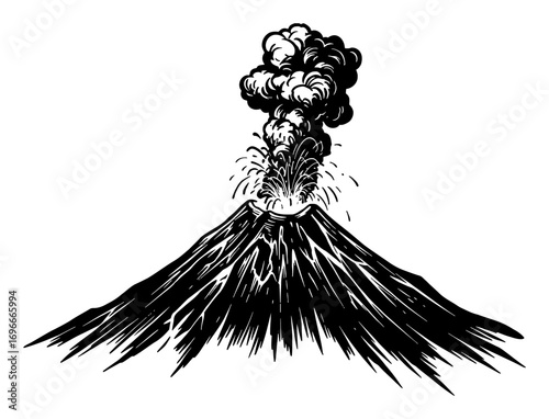Volcano Erupting Smoke and Lava Black and White Outline Line Art Drawing Isolated Object Eruption