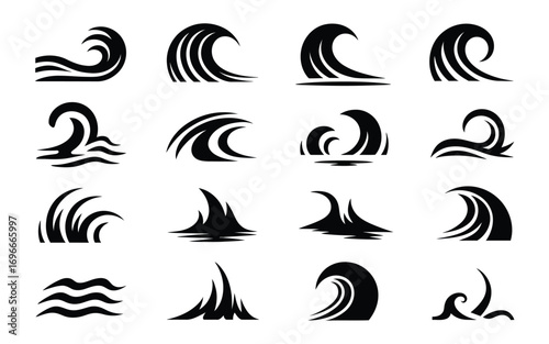 Vector art of collection of various wave icons in black and white, showcasing different styles and shapes, , perfect for graphic design and illustration projects