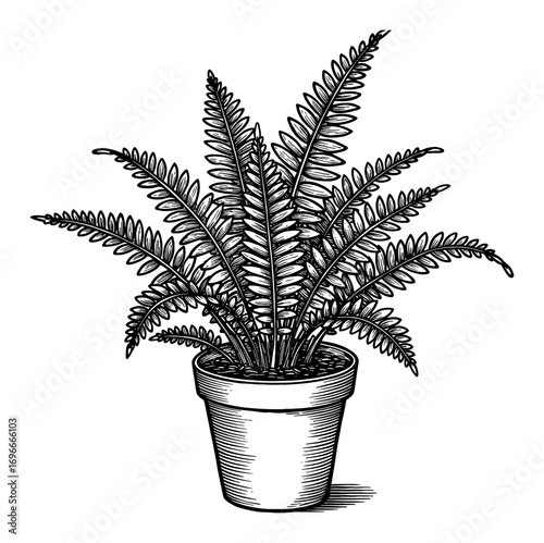 Detailed Fern Plants in a Pot Black and White Outline Line Art Drawing Vintage Illustration