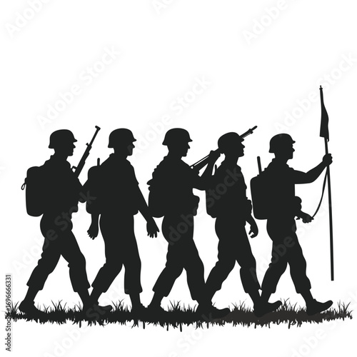 Silhouette of soldiers marching with rifles and flag Keywords: soldier, military, army, march