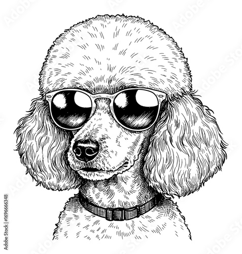 Poodle Dog Wearing Sunglasses with Collar Black and White Outline Line Art Drawing