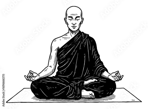 A Monk Meditating in Lotus Position on Yoga Mat Black and White Outline Line Art Drawing