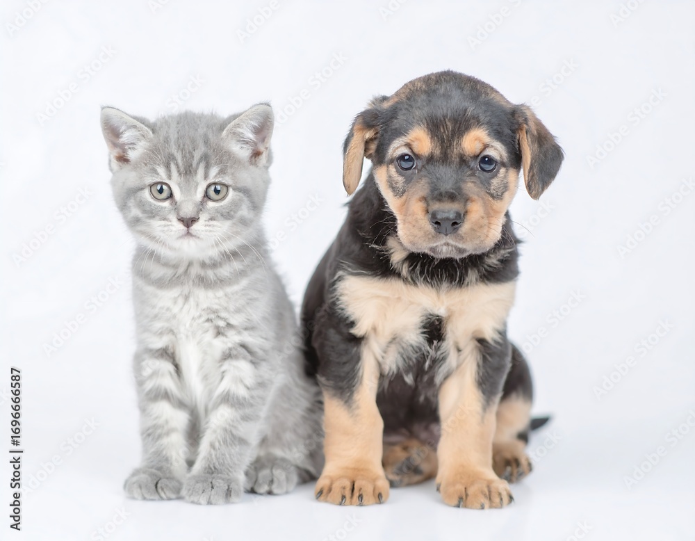 Obraz premium A gray kitten and a brown and black puppy sit side by side against a plain white backdrop.