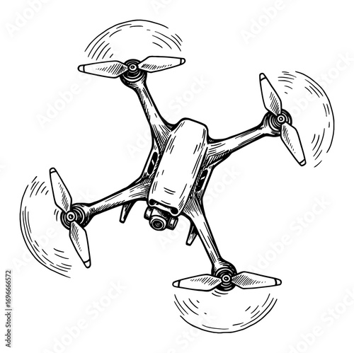 A Quadcopter Drone Top View Black and White Outline Line Art Drawing with Spinning Propellers