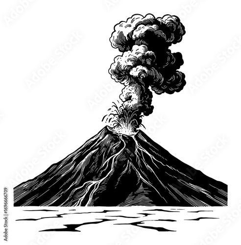 Powerful Volcano Erupting Smoke and Molten Lava Flow Black and White Outline Line Art Drawing