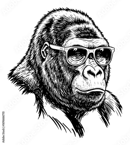 Gorilla Wearing Sunglasses Black and White Outline Line Art Drawing Cool Animal Head Illustration