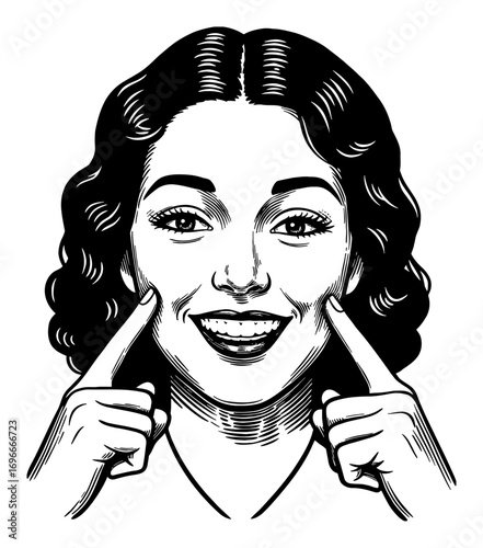 Black and White Outline Line Art Drawing Smiling Vintage Woman with Fingers on Cheek Happy Expression Face Cartoon Style