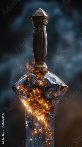 Enchanted Sword with Fiery Core and Ornate Hilt.