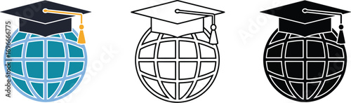 Global education concept with graduation cap on a stylized globe.