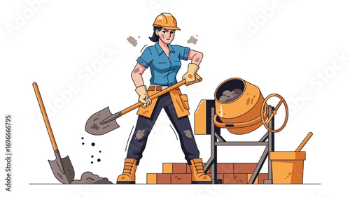 Woman Builder at Work: A strong woman builder, in her professional attire, skillfully mixes cement with a cement mixer. Ready to construct the new structure with determination and grit.