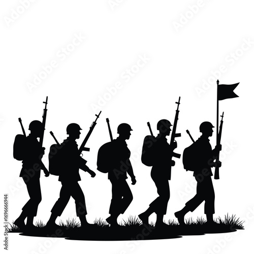 Silhouette of soldiers marching with rifles and flag Keywords: soldier, military, army, march