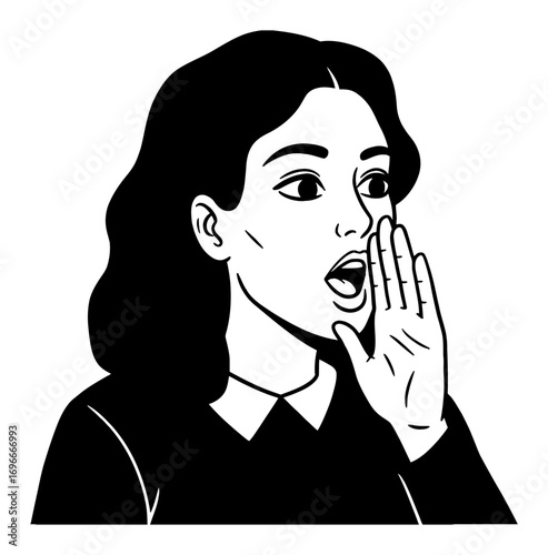Woman Shouting with Hand Near Mouth Calling Out Loudly Black and White Outline Line Art Drawing