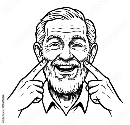 Smiling Grandpa with Fingers on Cheek Happy Expression Face Cartoon Style Black and White Outline Line Art Drawing