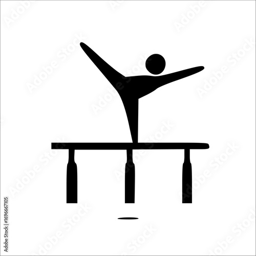 Gymnast balancing gracefully on parallel bars, athletic pose, black silhouette.