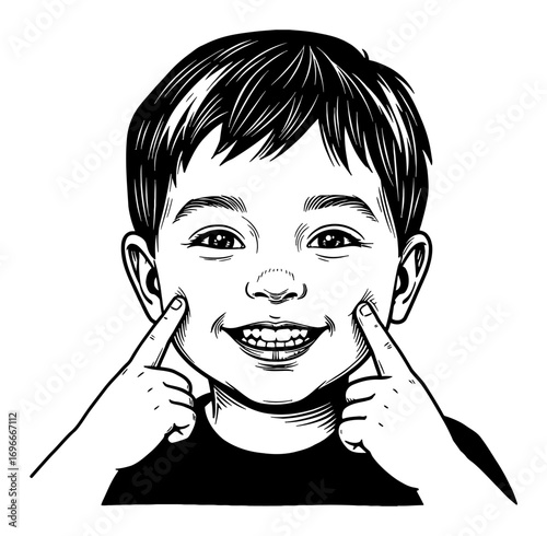 Smiling Little Boy with Fingers on Cheek Happy Expression Face Cartoon Style Black and White Outline Line Art Drawing