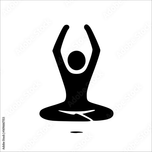 Black silhouette of a person in a lotus position with arms raised, practicing yoga meditation.
