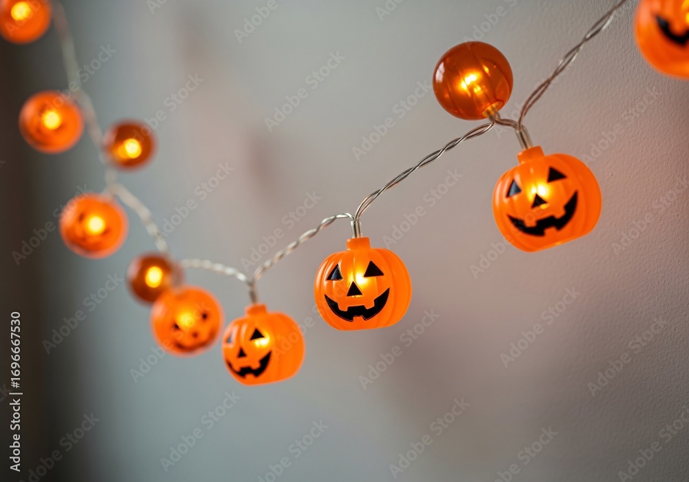 Fototapeta premium Glowing Halloween Lights: A string of festive Halloween lights casts a warm, inviting glow, perfect for setting a spooky yet cheerful atmosphere.