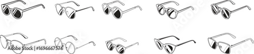Trendy sunglasses and eyeglasses collection in modern styles with round, cat-eye, and retro frames. Perfect fashion accessory design for branding, illustration, and creative projects. Hand-drawn 