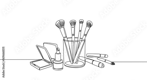 Makeup brushes and cosmetics in line style, transparent background  