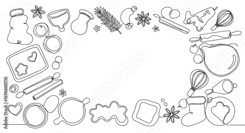 Line style illustration of holiday baking utensils on transparent background  