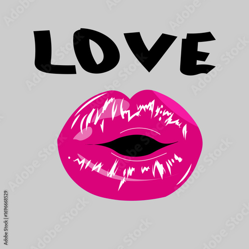 This vector image for stock features bold, black "LOVE" lettering above a pair of glossy, vibrant pink lips with a slightly parted mouth. The design is simple yet striking, ideal for themes of romance