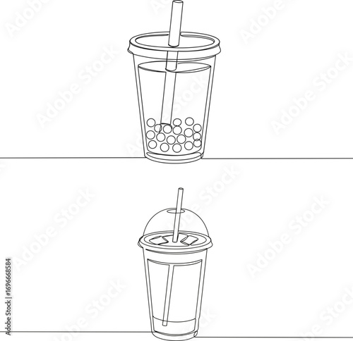 Line style illustration of bubble tea and iced drink on transparent background  