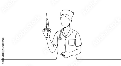 Nurse holding syringe in line style with transparent background  