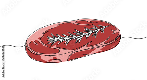 Raw meat steak with rosemary garnish in line style, transparent background  