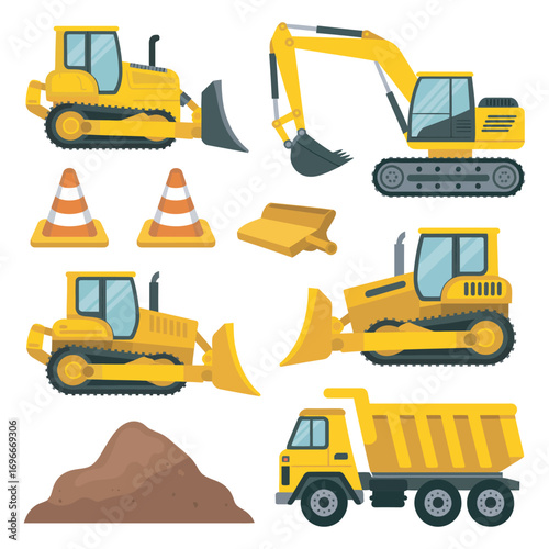 Vector illustration set of heavy construction machinery. Includes yellow bulldozer, excavator, front loader, and dump truck isolated on a white background