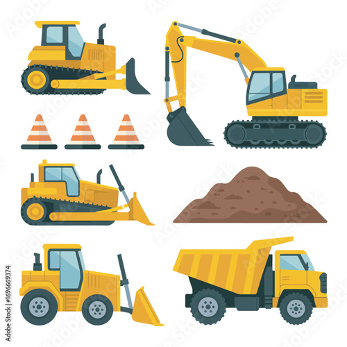 A flat design vector icon set of industrial safety equipment and construction tools. Collection includes hard hats, work boots, and a toolbox