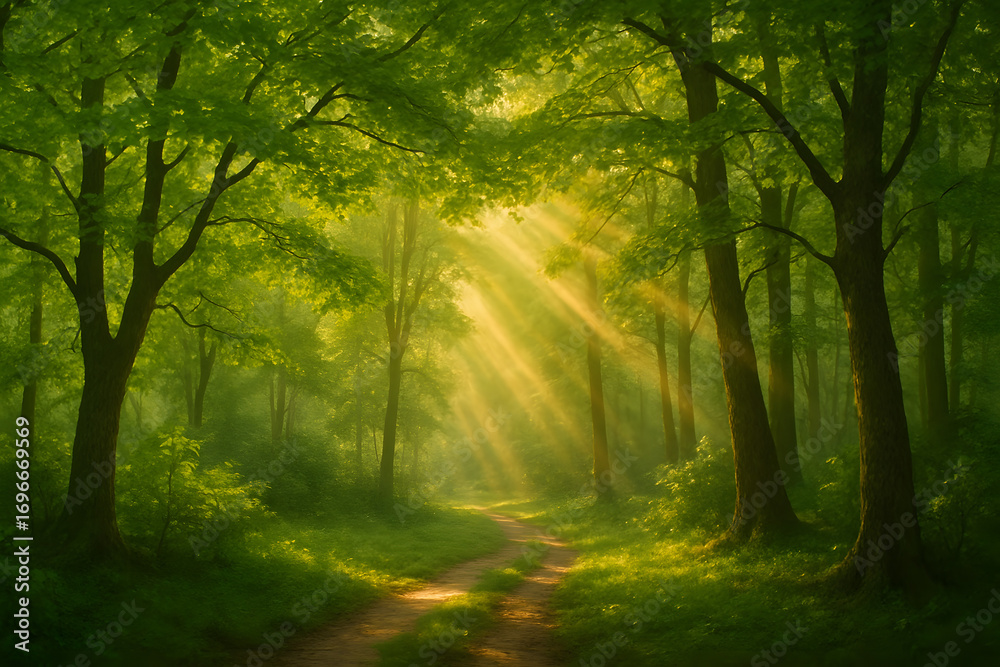 Naklejka premium Sunlight streams through lush green forest canopy onto a winding path