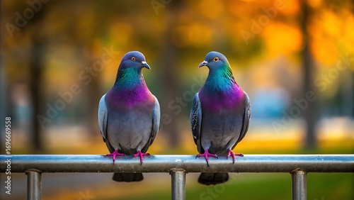 Two pigeons sitting on railing with blurred autumn background