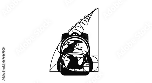 Backpack with a globe and a spiraling path, symbolizing global education and travel.
