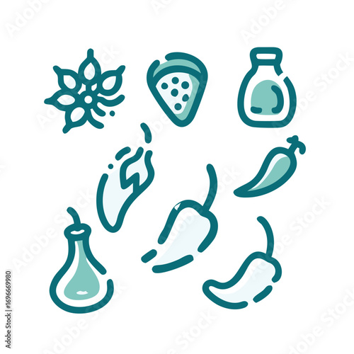 Spicy Ingredients Dashed Line Icon Set. Collection of 16 Minimal Vector Culinary Icons