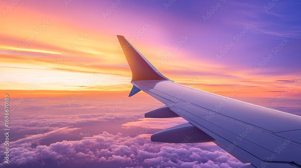 Obraz premium Airplane wing sunset sky clouds flight