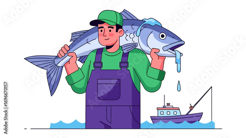 Triumphant Angler with Catch: A fisherman, with cap and overalls, stands proudly, his posture showing strength as he carries his impressive catch. His boat awaits in the distance.