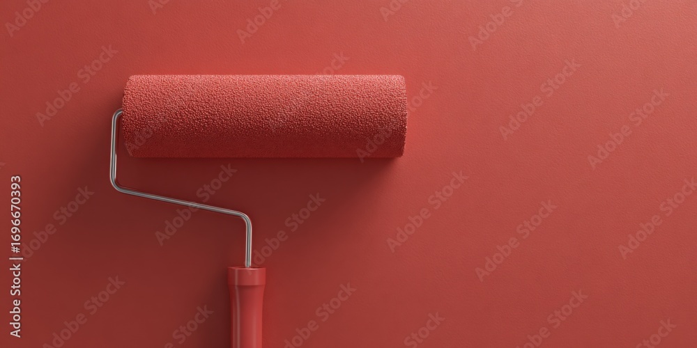 Obraz premium Red Paint Roller on Wall: DIY Home Improvement, Renovation and Decoration Concept