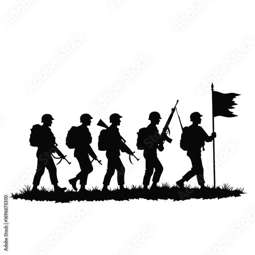 Silhouette of soldiers marching with rifles and flag on white background