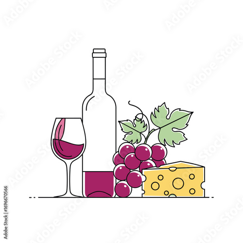 A still life featuring a wine bottle a glass of red wine grapes and a wedge of cheese