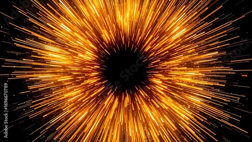 An explosive abstract corona of golden and white energy erupting from a dark center, sending out waves of luminous particles.